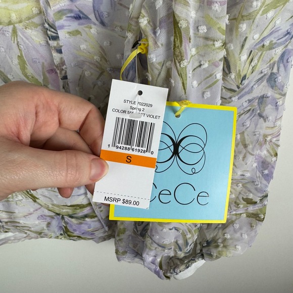 NWT CeCe Clip Dot Ruffle Blouse Small Soft Violet Floral Feminine Romantic Sheer - Picture 6 of 10